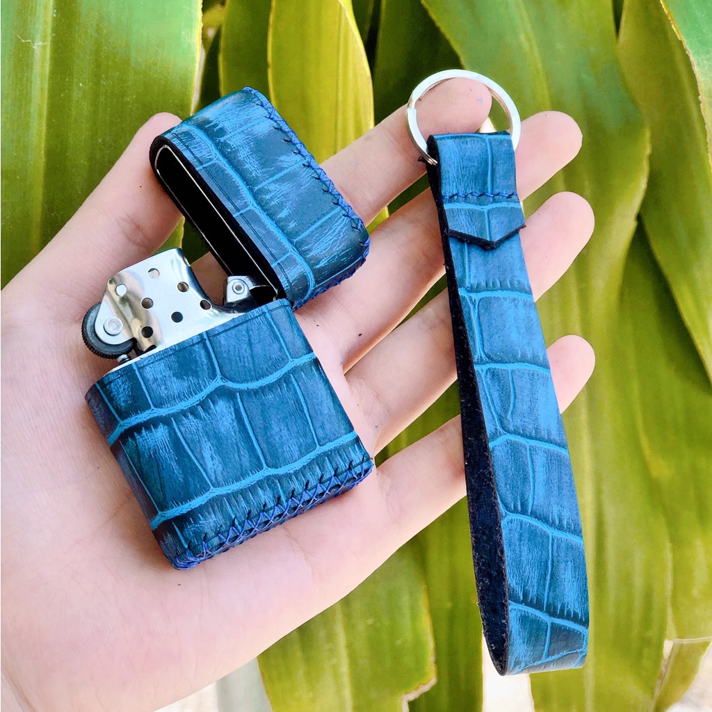 Bao da bật lửa zippo handmade màu xanh làm theo yêu cầu, đồ da thủ công, khâu tay, nhiều màu, nhiều mẫu