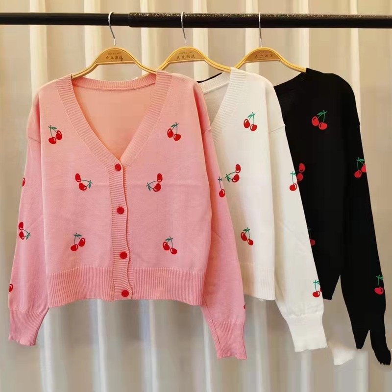 Áo Khoác Cardigan Dệt Kim Dáng Ngắn Tay Dài Màu Hồng Cherry Dễ Thương Thời Trang 2021 Cho Bạn Gái