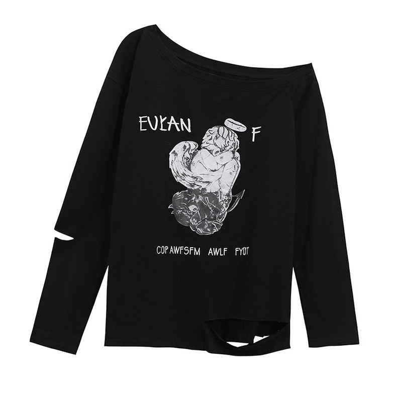 IELGYÁo Thun Nữ Dài Tay Lệch Vai In Họa Tiết Màu Đen Thời Trang