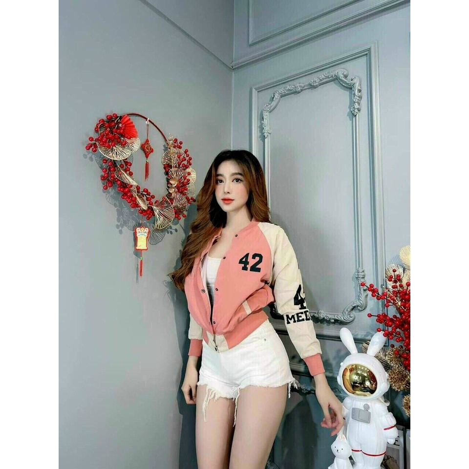 (Sale FreeShip) Aó khoát bomber tay phối from croptop,áo nữ nút bấm in chữ,thời trang đi nắng chất dù 2 lớp