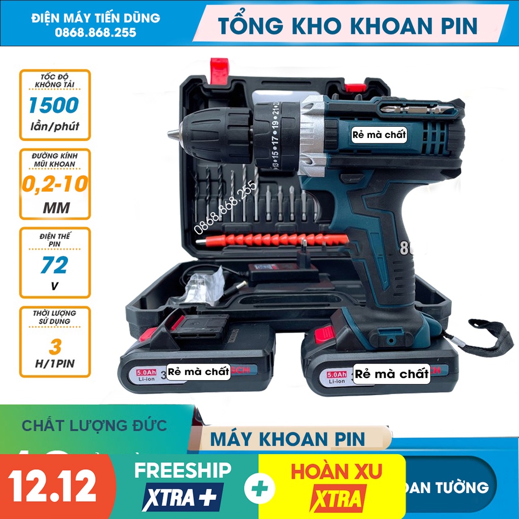 Máy Khoan Pin, máy bắn vít 72V kèm Phụ Kiện - 3 Chức Năng - KHOAN, VÍT, BÚA Khoan tường, sắt, nhôm, gỗ,..(BH 12 tháng)