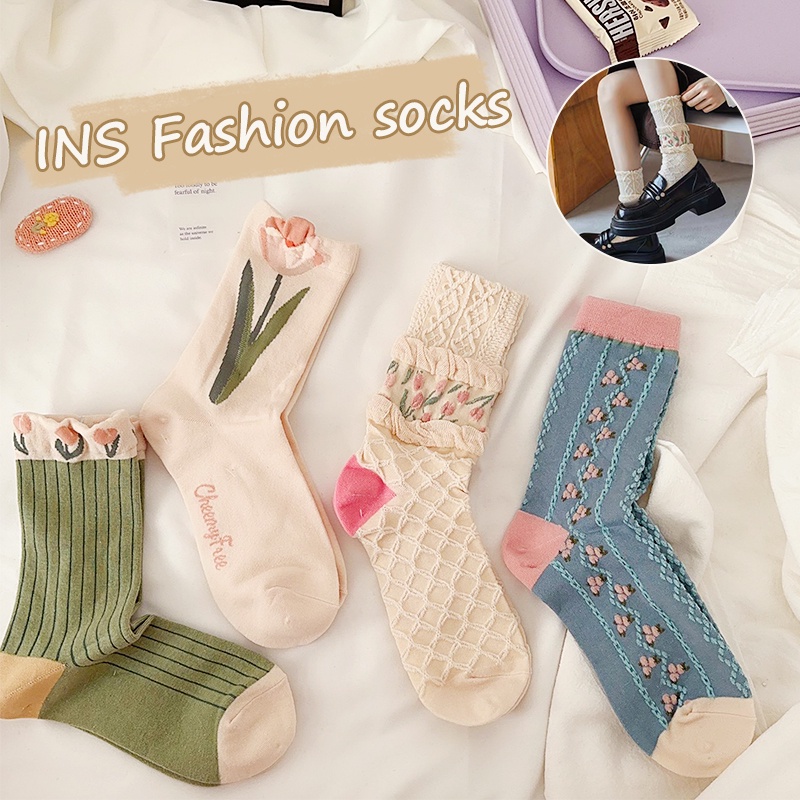Vớ Ống Thoáng Khí Họa Tiết Hoa Tulip Thời Trang Mùa Đông Cho Nữ