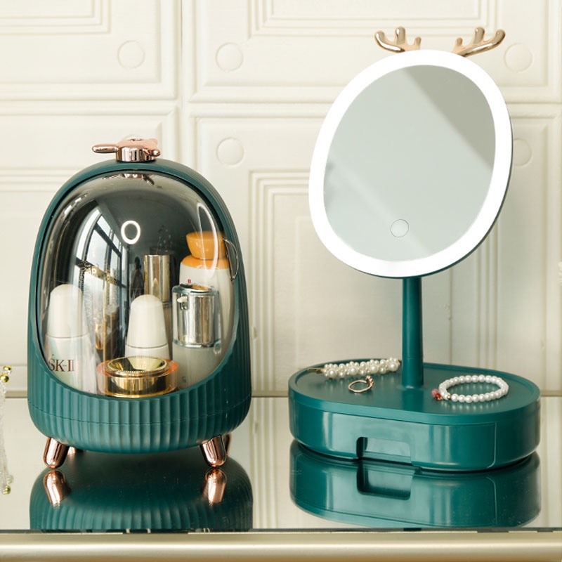 Gương trang điểm để bàn có đèn Led, gương decor trang trí sừng hươu có ngăn chứa phụ kiện nhỏ xinh
