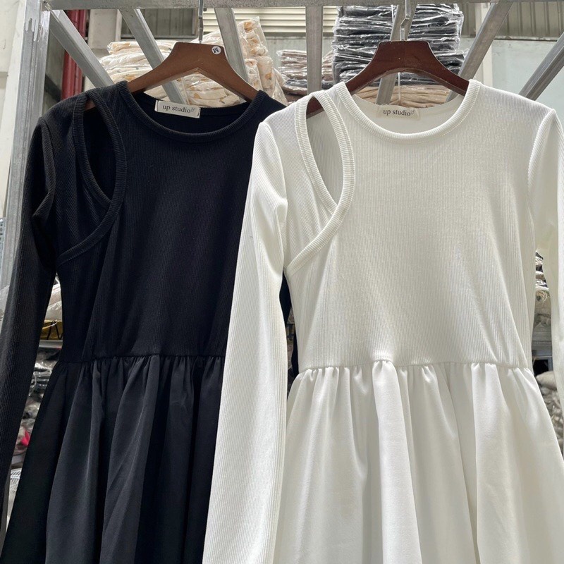 Váy dài khoét vai dáng xòe phần trên ôm body phần váy chất vải thô mềm dài tay style hàn quốc 1SIZESHOP