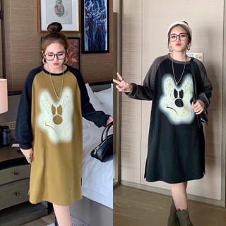 Váy thu dông dài tay in gấu trắng tay pha dáng suông chất cotton hai màu