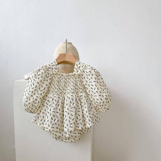 Jumpsuit hoa tay phồng dài cổ vuông xếp ly xinh xắn thời trang