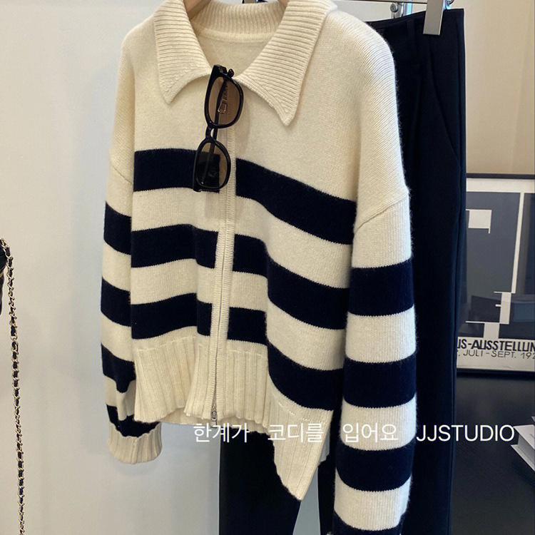 Áo Khoác Cardigan Dệt Kim Họa Tiết Kẻ Sọc Phối Khóa Kéo Thời Trang Thu Đông Cho Nữ