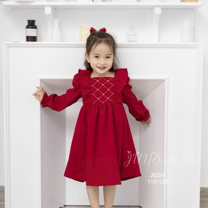 Váy/ đầm bé gái nhung tăm màu đỏ tay dài Phối cánh tiên đi học đi chơi Noel Lễ Tết Giáng Sinh