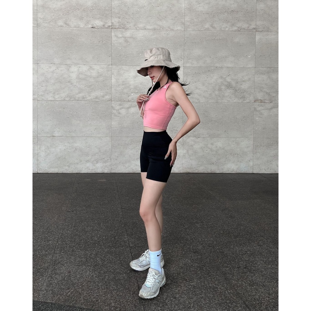 Bộ thể thao nữ Fitme áo bra tập gym Meta Hồng Pastel, quần legging đùi đen co giãn 4 chiều năng động thấm hút tốt