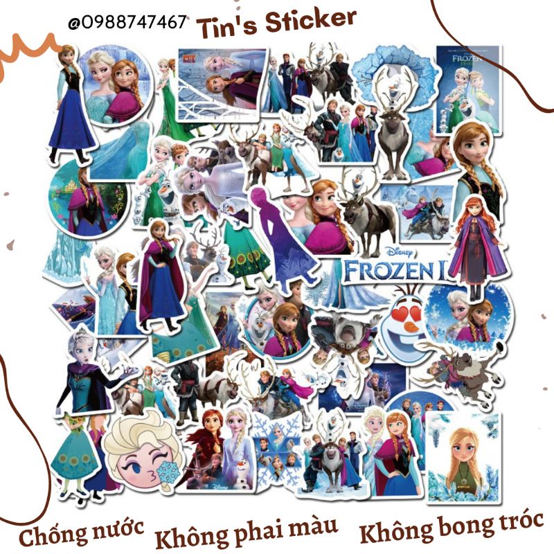 Set combo 50 miếng dán sticker hoạt hình Nữ hoàng băng giá ELSA FROZEN 2 chống thấm nước dán nón mũ bảo hiểm laptop vali