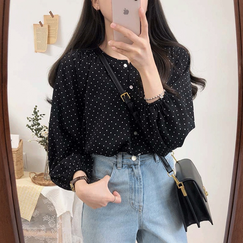 Áo Sơ Mi Vải Voan Họa Tiết Chấm Bi Tay Dài Cổ Tròn Ulzzang Hàn Quốc