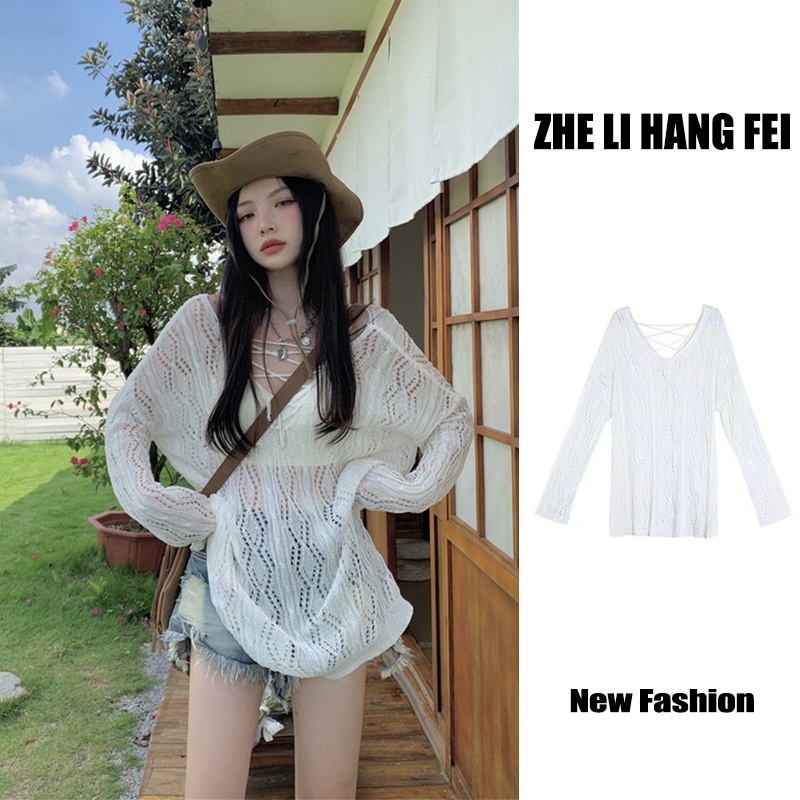 Áo dệt kim ZHELIHANGFEI tay dài dáng rộng chống nắng thời trang đi biển trẻ trung