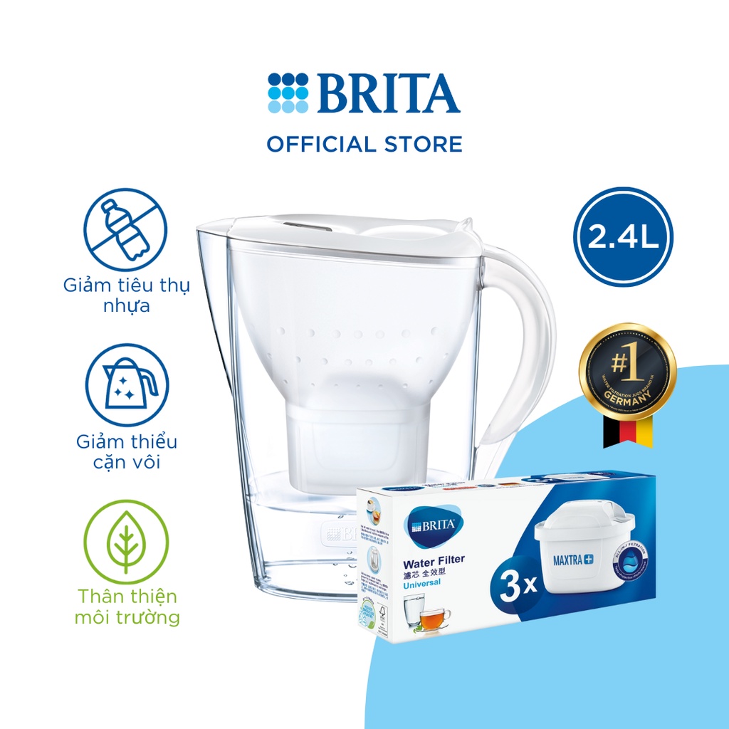 Combo Bình lọc nước BRITA Marella Cool 2.4L kèm Hộp 3 lõi lọc BRITA Maxtra Plus Trắng