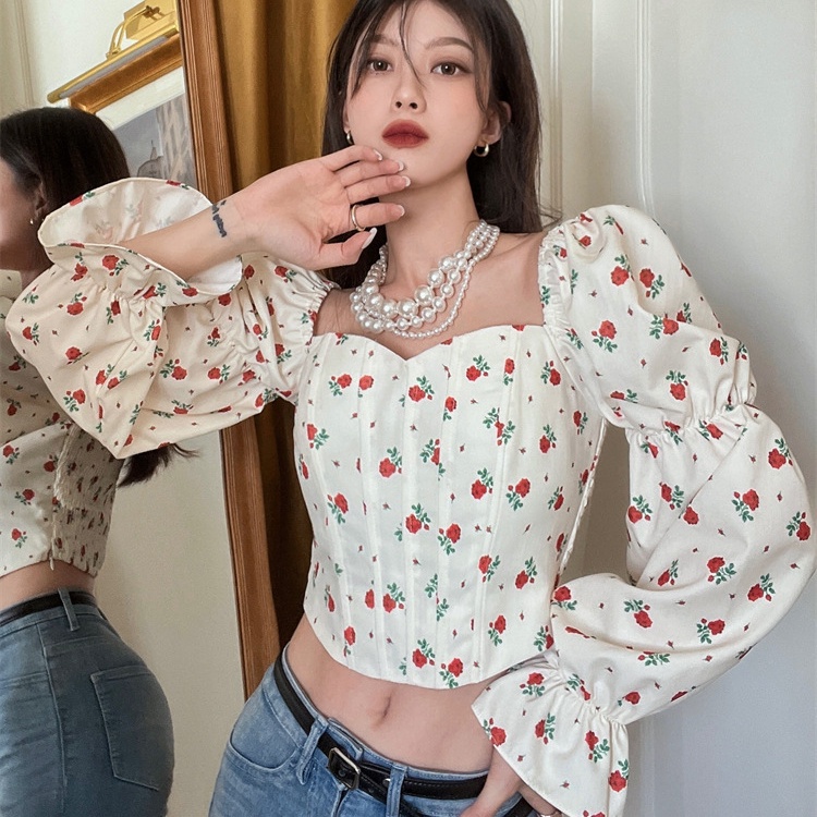 IELGY Áo Sơ Mi Ngắn Cổ Vuông In Hoa Phong Cách Pháp Cổ Điển Dành Cho Nữ