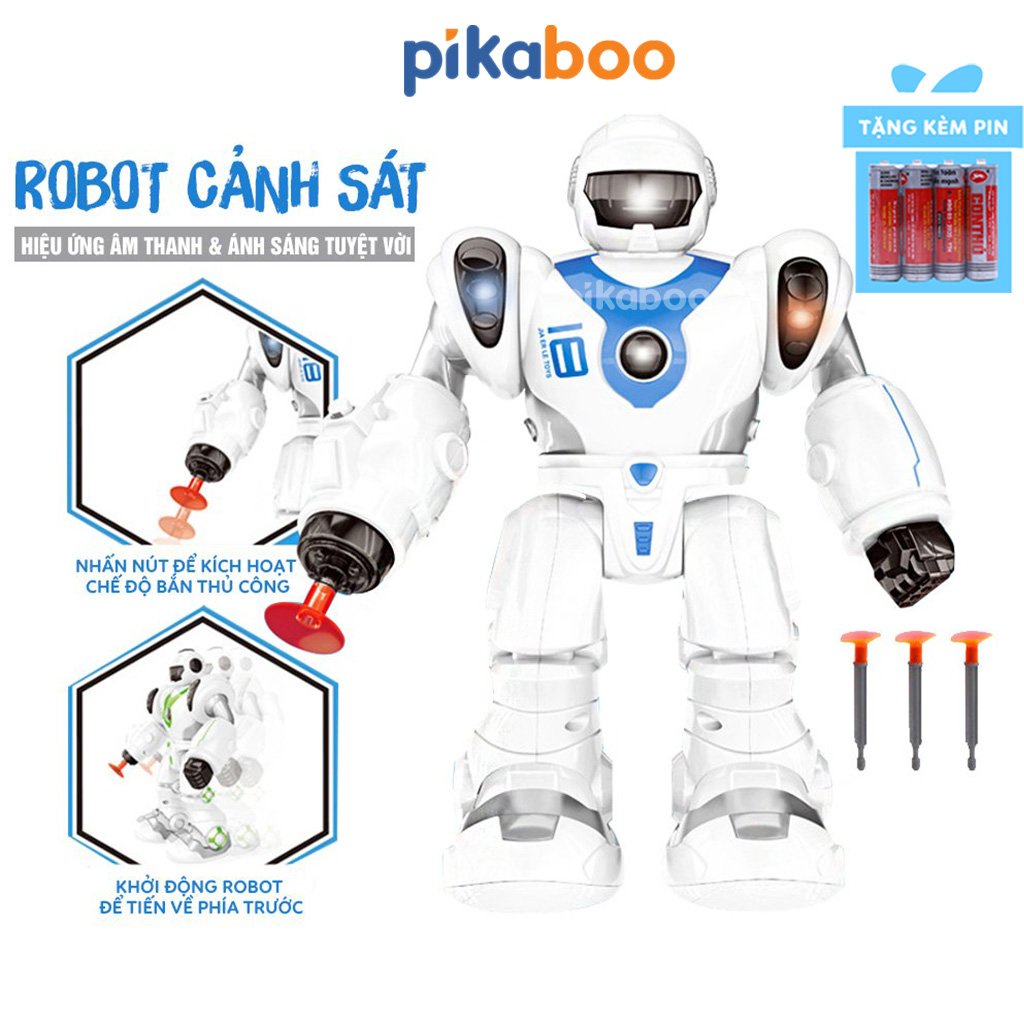 Robot cảnh sát cao cấp Pikaboo có đèn phát sáng và âm thanh khi di chuyển kèm 3 mũi tên đầu mút cao su an toàn cho bé