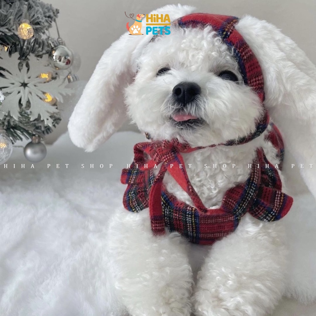Quần Áo Noel Có Nón Tai Thỏ Cho Chó Mèo Quần Áo Thú Cưng Vải Lông Cừu Ấm Áp Mùa Đông Xuân Thiết Kế Hiha Pets