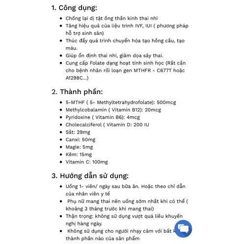 5 MTHF - Axit Folic thế hệ 4 chuyên dùng BN có quá khứ Sảy - Lưu thai