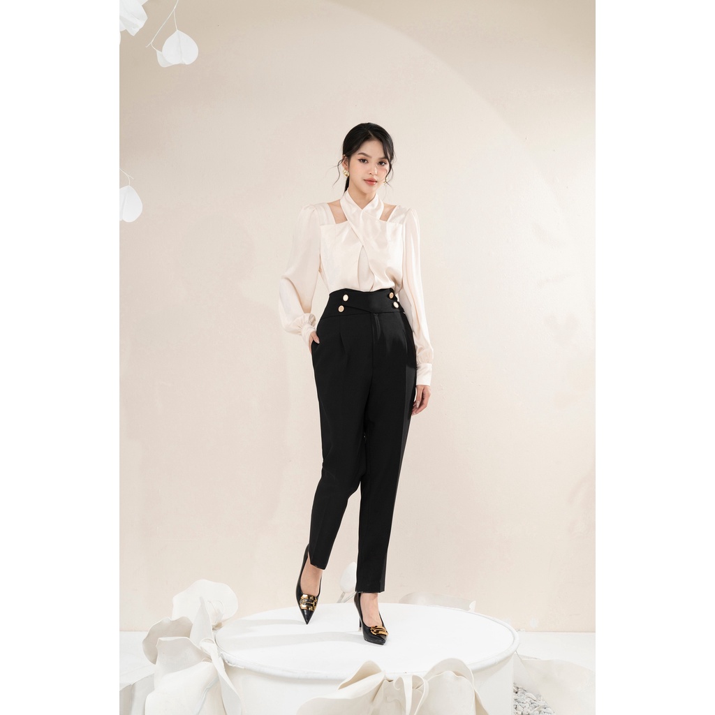 Áo sơ mi nữ Lamia Design LA323 màu trắng gạo ngọc phối bèo nhún phồng điệu đà