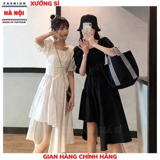 Váy Thiết Kế Cổ Vuông Lệch Vạt cá Tính Eo Thắt Dây Tôn Dáng