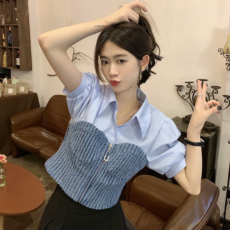 IELGY Áo denim Tay Ngắn Dáng Ôm Phong Cách Thời Trang Pháp Cổ Điển Dành Cho Nữ