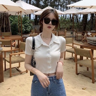Áo croptop thun tay ngắn gân cổ polo cúc gài thật, phong cách hàn quốc