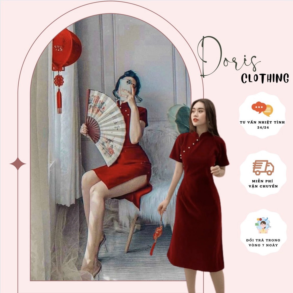 váy nhung đỏ tiểu thư sẻ tà dự tiệc mặc tết siêu xinh-Hàng cao cấp loại 1-đầm đỏ cổ tàu mặc tết đẹp