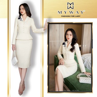 Sét áo vest nữ và chân váy dạ tweed my way chiết eo đính hoa cao cấp 3mvb0212 - 3mcob307