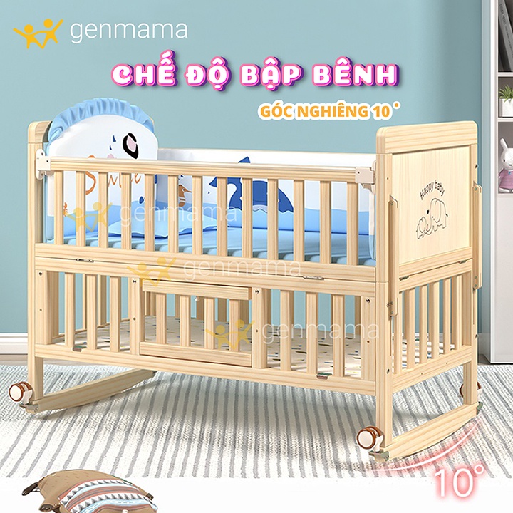 Nôi Cũi Cho Bé Trọn Bộ , Giường nôi cho trẻ em đa năng 6 chế độ GENMAMA Gỗ Thông