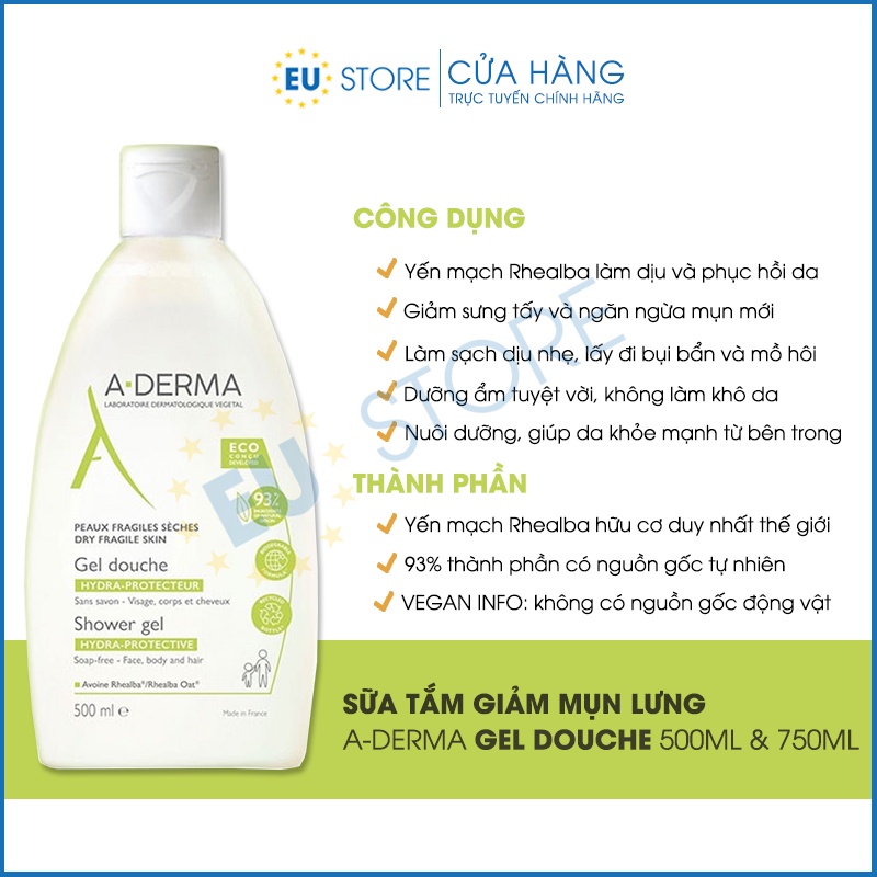 [Date 2025] Sữa tắm giảm mụn lưng Aderma 500ml & 750ml không xà phòng, không khô da cho cả nam và nữ