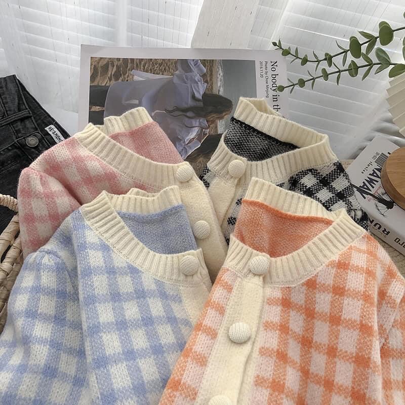 Áo crotop cardigan len kẻ caro ô vuông