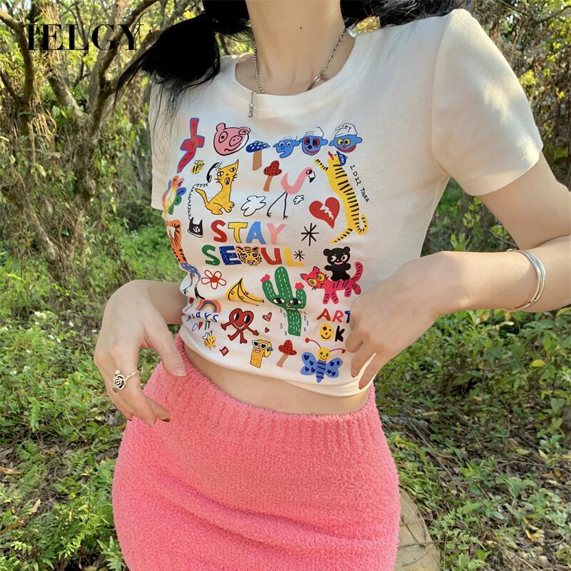 IELGYÁo Thun Tay Ngắn In Họa Tiết Hoạt Hình Phong Cách Đường Phố Cho Nữ