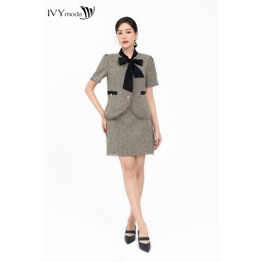 Bộ áo Tweed phối nơ và chân váy nữ IVY moda MS 16M7987