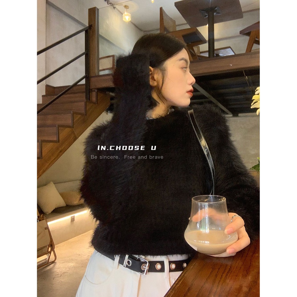 Áo Sweater Lông Chồn Màu Đen Dáng Ngắn Thời Trang Thu Đông 2022 Dành Cho Nữ