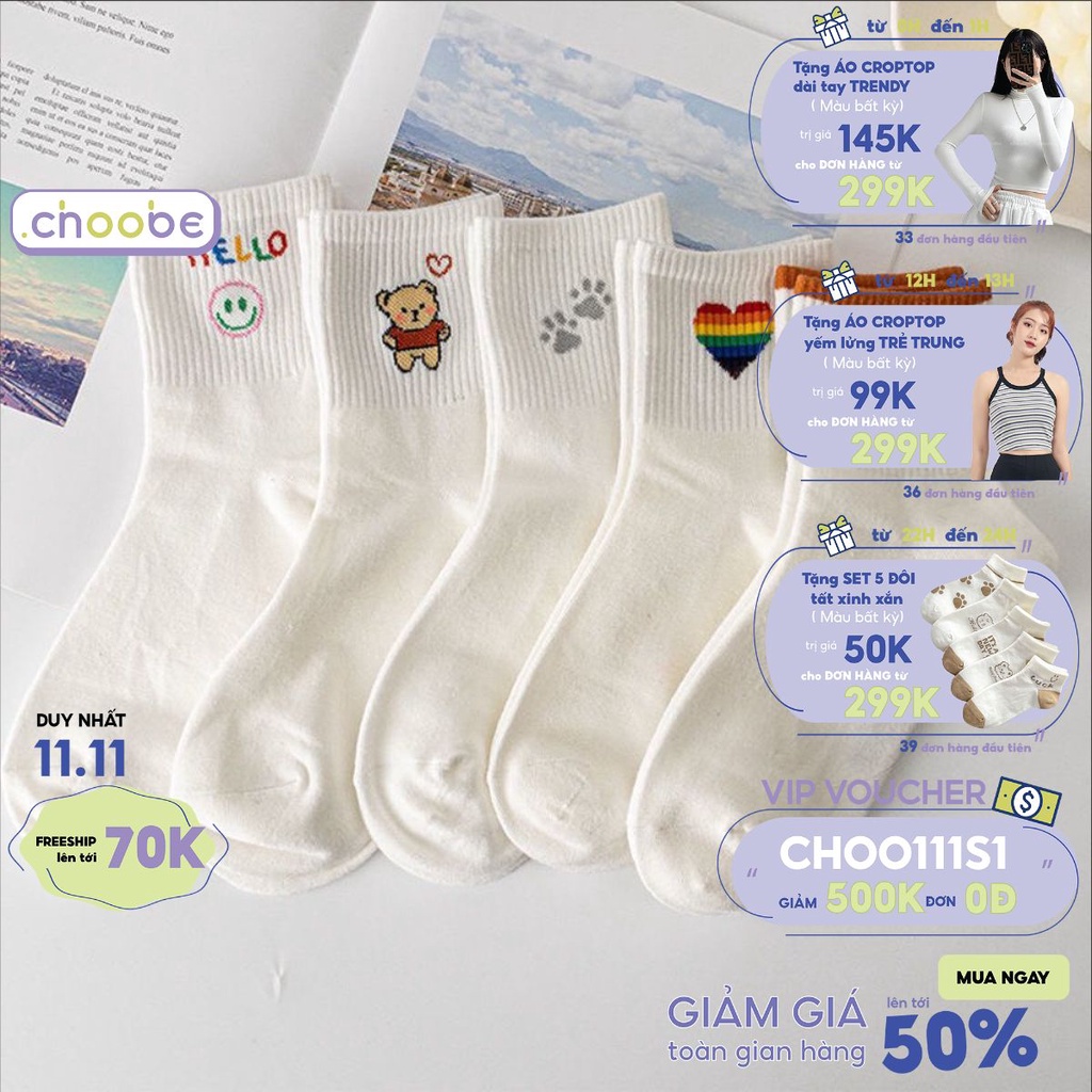 Tất nữ Choobe cổ cao họa tiết dễ thương chất cotton co giãn 4 chiều thoáng khí phong cách PK16