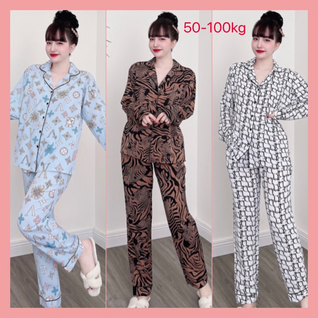 Set bộ pijama nữ tay dài quần dài mặc nhà in họa tiết thời trang, vải lụa mango mềm thoáng mát (Bigsize 50-100kg)