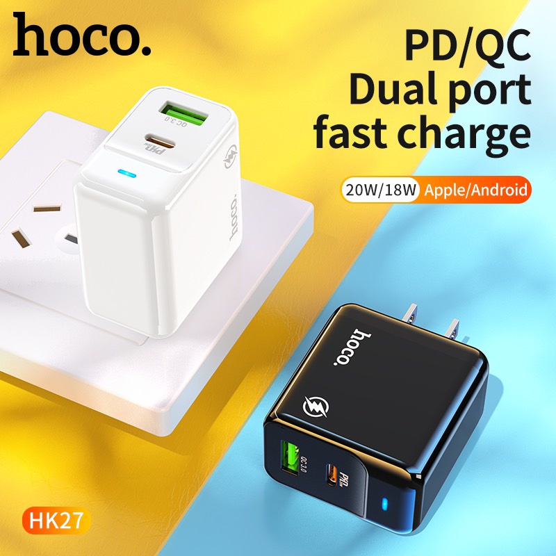 Cốc sạc 2 cổng USB Hoco HK27 chân dẹp QC3.0 18W và Type-C PD20W - Hãng phân phối