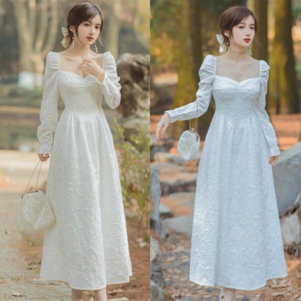 Váy gấm trắng xòe dáng dài cúp ngực hoa nổi- đầm nữ maxi dài cổ tích tiểu thư dự tiệc cưới đi chơi sang chảnh hot 2022