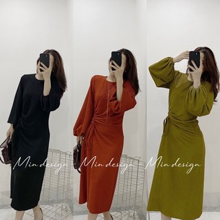 Đầm thun dài tay, thiết kế tay chuông, eo nhún thắt nơ trẻ trung, sang chảnh M49 - MIN Design