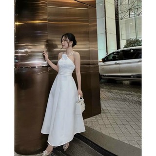 Đầm thiết kế, đầm hai dây cổ yếm đính hoa hồng chất tapta cao cấp