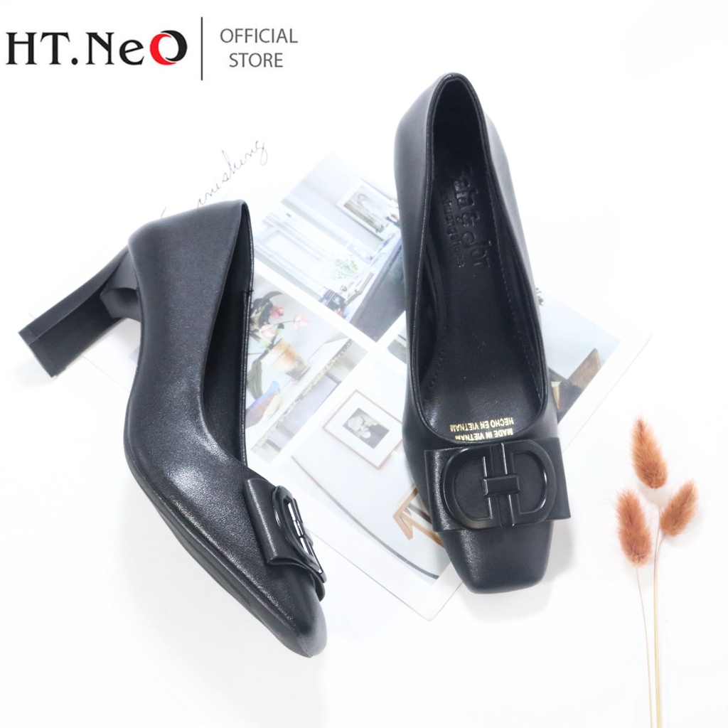 Giày công sở - Giày cao gót nữ HT.NEO da bò mềm mại ,gót cao 7cm ,thiết kế nơ vuông sang trọng , lịch sự GC25