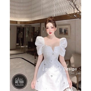 ĐẦM TAFTA CỔ V ĐÍNH ĐÁ