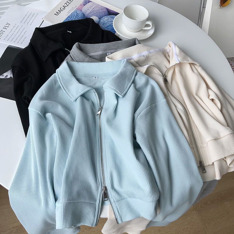Áo Khoác Cardigan Ngắn Dáng Rộng Hai Dây Kéo Bằng Vải Cotton Waffle Giản Dị Dành Cho