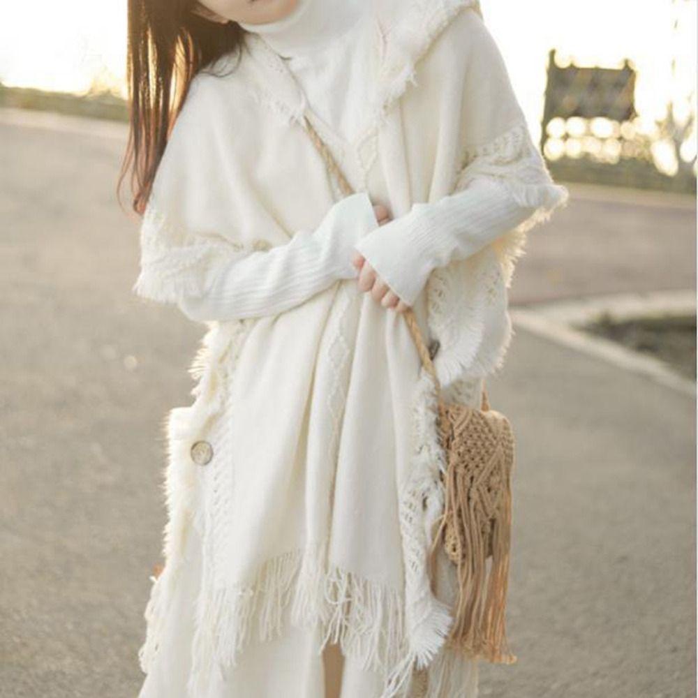 Khăn Choàng Cổ Dệt Kim Dày Giữ Ấm Mùa Đông Hình Tam Giác Khoét Rỗng Phối Tua Rua Cho Nữ