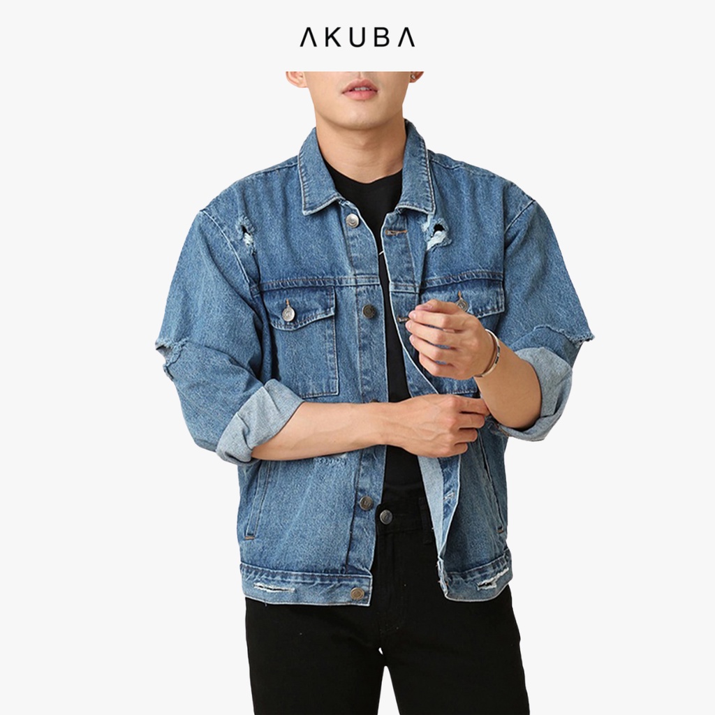 Áo khoác jean nam rách AKUBA form slimfit, độ rộng vừa phải chất liệu jean dày dặn, phong cách Hàn Quốc 01D0145
