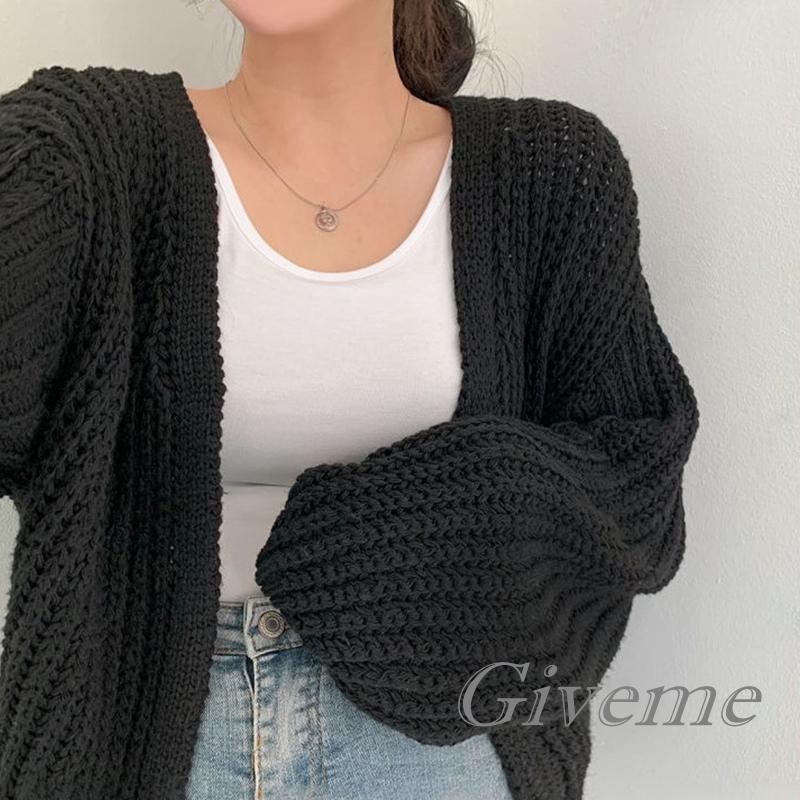 Áo Khoác Cardigan Dệt Kim Tay Phồng Màu Trơn Dáng Rộng Phía Trước Cho Nữ Giới
