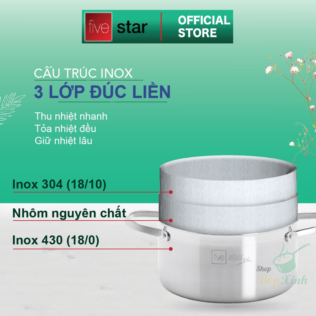 Bộ nồi 3 lớp đáy liền inox 304 Fivestar Plus quai oval nắp inox ,dùng được mọi bếp , bảo hành 25 năm ( 16cmx18cmx20cmx24