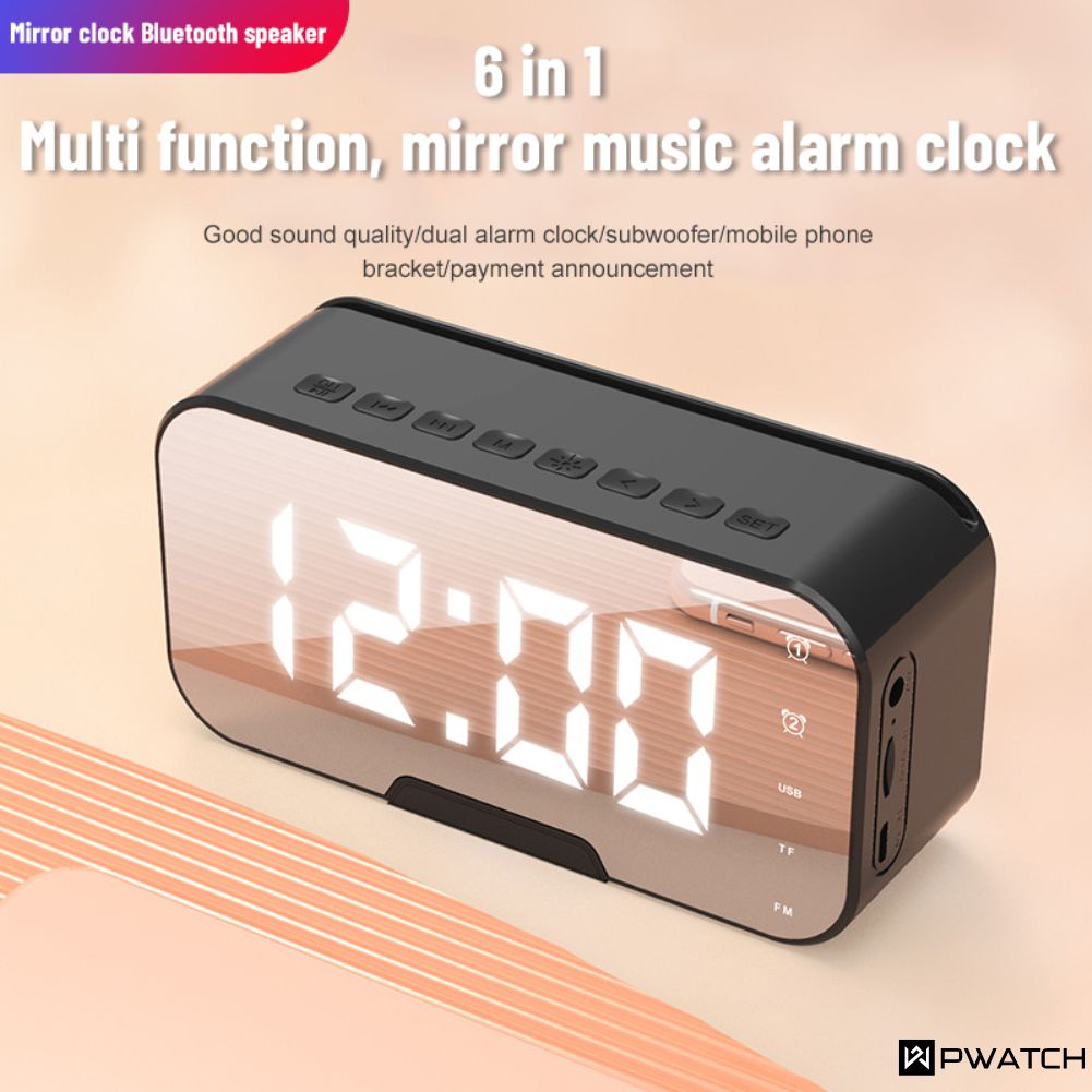 Loa Bluetooth Không Dây Mini Di Động Có Đài Fm Thẻ Gương Đồng Hồ Báo Thức Âm Thanh Báo Động 2 Đồng Hồ Cài Đặt Cho Tất Cả Các Điện Thoại 【Pwatch】