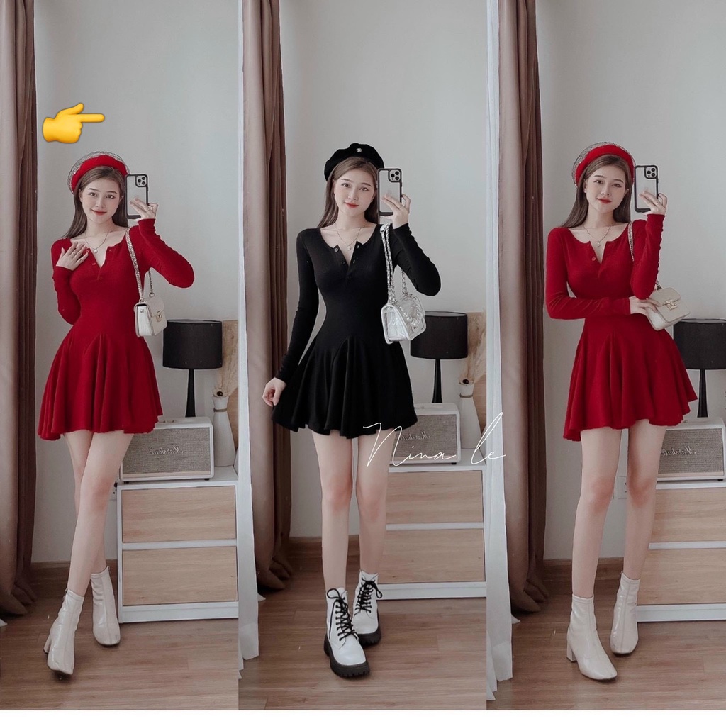 Đầm cổ vuông cài nút tay dài dáng xòe , 2 màu đen đỏ hot cho mùa noen và xuân , chất gân mềm dày dặn