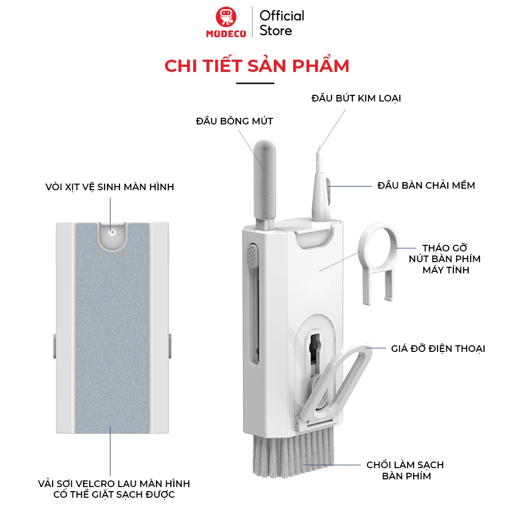 Bộ Dụng Cụ Vệ Sinh Laptop Modeco - Máy Tính - Bàn Phím - Tai Nghe Airpod Đa Năng 8 In 1 Siêu Nhỏ Gọn - Nhựa Abs Cao Cấp