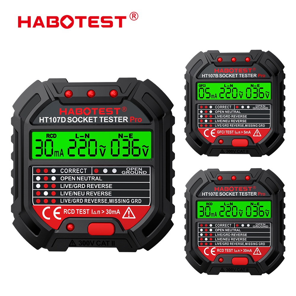 HABOTEST HT107 Thiết Bị Kiểm Tra Ổ Cắm GFCI Có Hiển Thị Điện Áp Thiết Bị Kiểm Tra Ổ Cắm 48V-250V Máy Dò Điện Áp Phân Cực Mạch Điện Tự Động Thiết Bị Ngắt